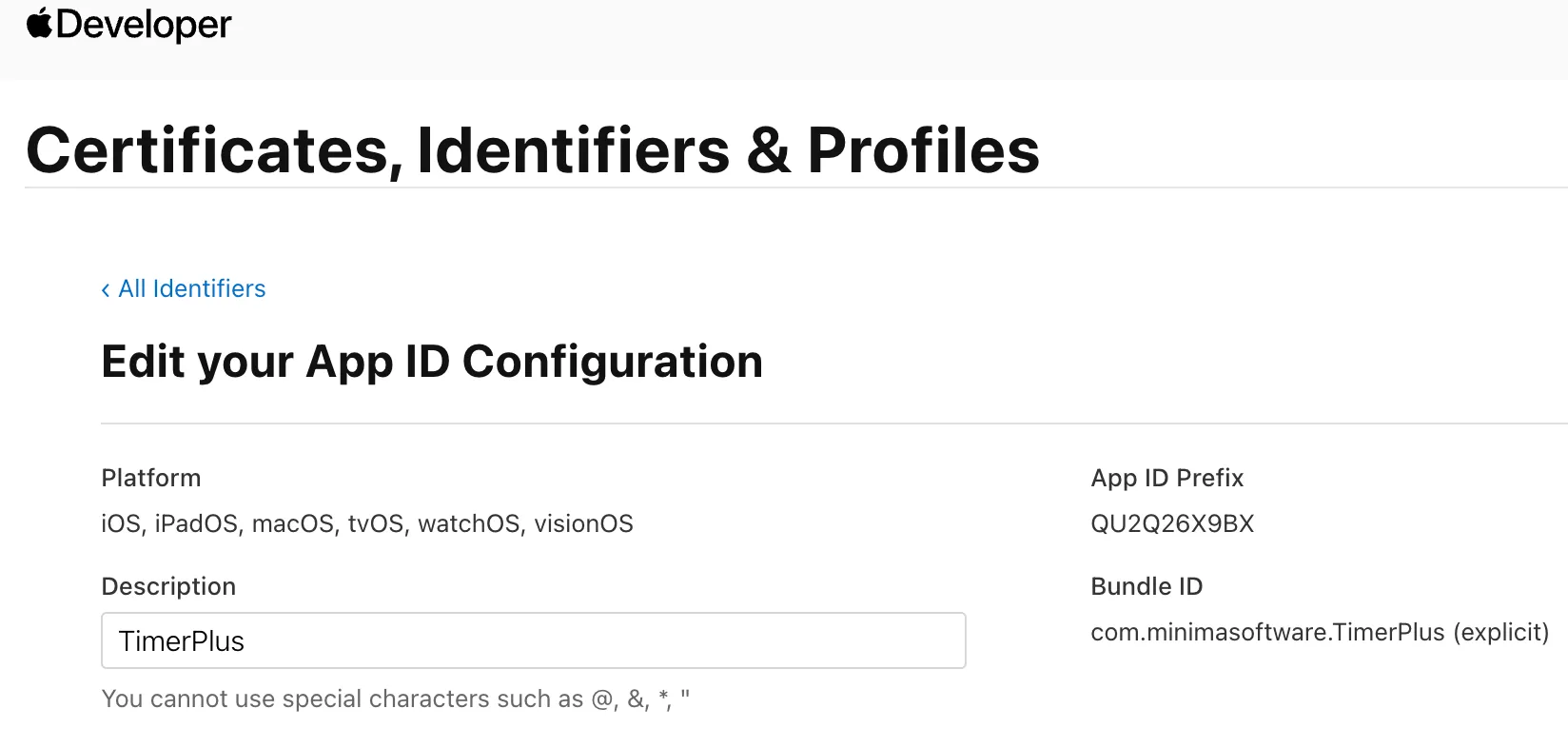App Developer Identifier page for an app