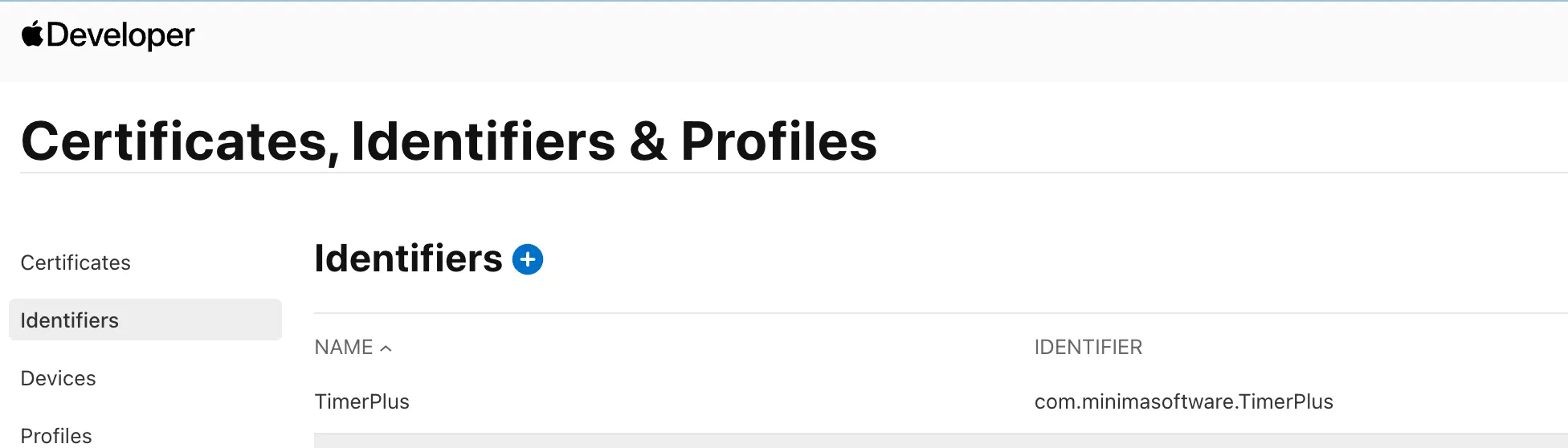Apple Developer Identifiers list page
